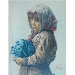 Federico Ballesio (19th Century) Italian Watercolour Italian peasant girl holding a cabbage signe...