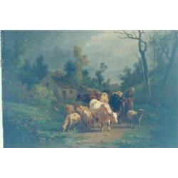 A. Calp (?) Oil on canvas Cattle and sheep by a pond before a cottage indistinctly signed 20ins....