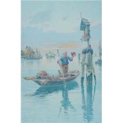 Giuseppe Vizzotto Alberti Watercolour Fisherman in boat before a shrine signed, inscribed Venezia...