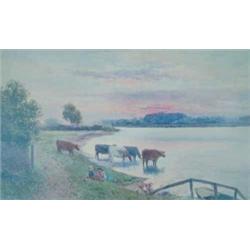 Charles Rowbotham (1858-1921) British Watercolour Children and cattle at water's edge signed 10in...