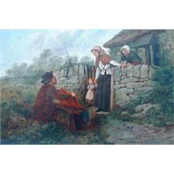 C.A.H Oil on canvas Highland crofters at cottage gate, viewing a tinker's wares signed monograms...