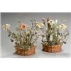 Image 1 : Pair of Chinese Celadon Jade and Hardstone Flowering Plants in Gilt Incised Red Lacquered Jardini...