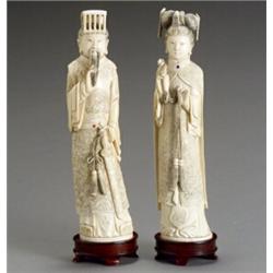 Pair of Chinese Ivory Figures of an Official and a Lady...