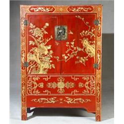 Chinese Gilt Decorated Red Lacquered Ground Side Cabinet...