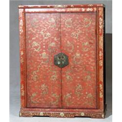 Chinese Gilt Decorated Red Lacquered Ground Side Cabinet...