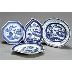 Group of Eight Chinese Export 'Canton' Blue and White Dishes and Trivets...