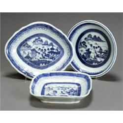 Three Chinese Export 'Canton' Blue and White Shallow Dishes...