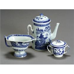 Chinese Export 'Canton' Blue and White Assembled Three-Piece Coffee Service...