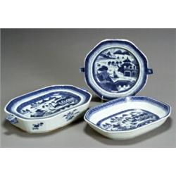 Three Chinese Export 'Canton' Blue and White Table Articles...