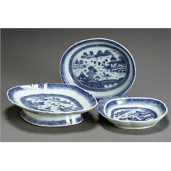 Three Chinese Export 'Canton' Blue and White Shallow Dishes...