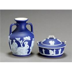 Wedgwood Dark Blue Jasper Dip Portland Vase and a Covered Butter Dish...