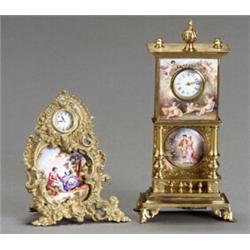 Two Continental Enamel and Ormolu Miniature Clocks...