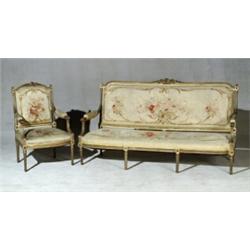 Louis XVI Style Giltwood and Aubusson Tapestry Upholstered Five-Piece Salon Group...