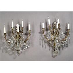 Pair of Louis XVI Style Ormolu and Cut Glass Five-Light Bras de LumiFre...