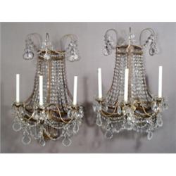 Set of Four Neoclassical Style Gilt Metal and Cut Glass Three-Light Bras de LumiFre...