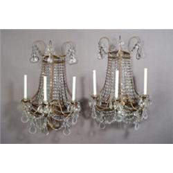 Set of Four Neoclassical Style Gilt Metal and Cut Glass Three-Light Bras de LumiFre...