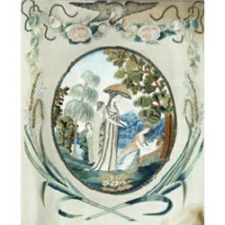 English Silk Needlework and Watercolor Picture of the Finding of Moses...