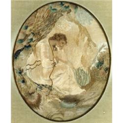 English Silk Needlework, Chenille and Watercolor Mourning Picture...