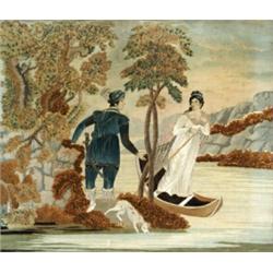 English Silk Needlework, Chenille and Watercolor Picture of a Gentleman and Lady...