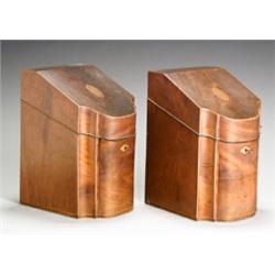 Pair of George III Style Inlaid Mahogany Serpentine Slant-Front Knife Boxes...