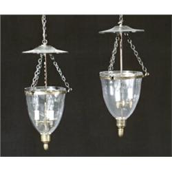 Pair of George III Style Brass and Glass Three-Light Ceiling Fixtures...