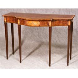 George III Style Harewood Crossbanded, Painted and Satinwood Inlaid Mahogany Serpentine Serving T...