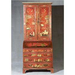 George III Style Gilt and Scarlet-Japanned Slant-Front Bureau Bookcase...