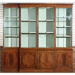 George III Style Satinwood Inlaid Mahogany Breakfront Bookcase...