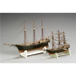 Two Continental Painted Wood Models of Three-Masted Ships...