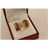 Image 5 : ONE PAIR OF 18KT YELLOW GOLD NATURAL RUBY AND DIAMOND SET HOOP STYLE EARRINGS. MADE IN A CURVED