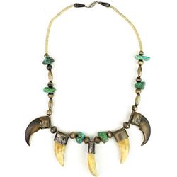 Early bear tooth, claw and turquoise necklace