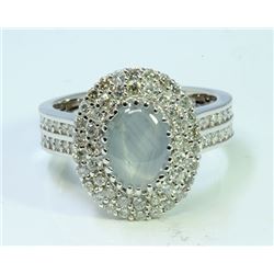 Natural Ceylon Star Sapphire 1.64 ct & Diamond 1.05 ct Ring 18Kt White Gold 6.64 gr