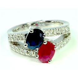Ruby 1.11CT / Blue Sapphire 1.19CT / Diamond 0.29CT / 14K White Gold Ring 8.68 Gram