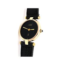 Lady's Cartier Argent Yellow Gold Must 21 Watch. Black Dial. Black Leather Band
