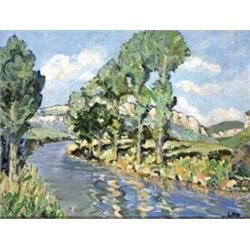 Letitia Marion Hamilton RHA (1878-1964) RIVERSIDE LANDSCAPE signed with initials lower righ...