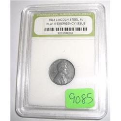 1943 WORLD WAR II-STEEL PENNY *EMERGENCY ISSUE* LINCOLN WHEAT PENNY *CERTIFIED BY INB-INTERNATIONAL 