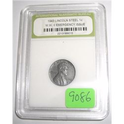 1943 WORLD WAR II-STEEL PENNY *EMERGENCY ISSUE* LINCOLN WHEAT PENNY *CERTIFIED BY INB-INTERNATIONAL 
