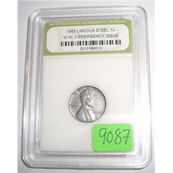 1943 WORLD WAR II-STEEL PENNY *EMERGENCY ISSUE* LINCOLN WHEAT PENNY *CERTIFIED BY INB-INTERNATIONAL 