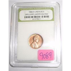 1959-D *BRILLIANT UNCIRCULATED* LINCOLN PENNY *CERTIFIED BY INB-INTERNATIONAL NUMISMATIC BUREAU* NIC
