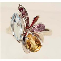 STERLING SILVER TOPAZ CITRINE& RHODOLITE RING - SIZE 7.5