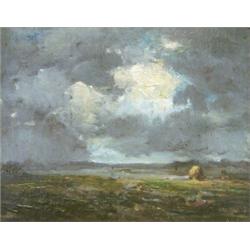 HENRY HAMMOND AHL (American. 1869-1953), "Haystack Under Stormy Skies". Signed Ahl l/r., Oil...