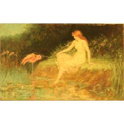 FREDERICK STUART CHURCH (American. 1842-1923), "Young Lady Seated on River Bank Near Flamingos"...
