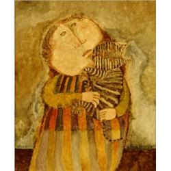 GRACIELA RODO BOULANGER (Bolivian. Born 1935), "Enfant Et Chat". Signed G. Rodo Boulanger and d...