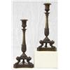 Image 1 : FINE PAIR OF EMPIRE PATINATED BRONZE CANDLESTICKS, French. Late 18th Century. Each circular tap...