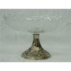 CONTINENTAL SILVER AND ENGRAVED GLASS FRUIT STAND, German. Circa 1900. .800 Fine. The oval bowl...
