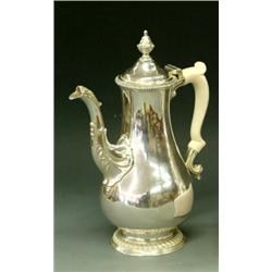 GEORGE II STERLING SILVER COFFEE POT, English. London. 1782. Makers: Fogelberg & Gilbert. Of pe...