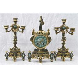 THREE PIECE GILT, PATINATED AND ENAMELED BRONZE CLOCK GARNITURE, French. Late 19th Century. Mov...