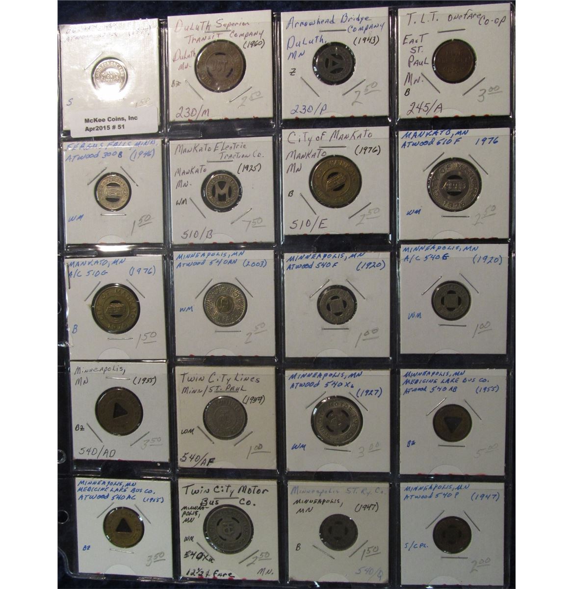 51. (20) Different Minnesota Transportation Tokens. (3) Duluth; East St ...