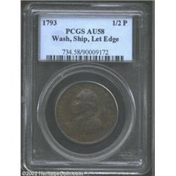 1793 1/2P Washington Ship Halfpenny, Copper, Lettered Edge AU58 PCGS. Baker-18, R.3. Apparently an e