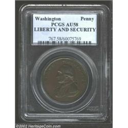 Undated PENNY Washington Liberty & Security Penny AU58 PCGS. Baker-30, R.2. A glossy chocolate-brown